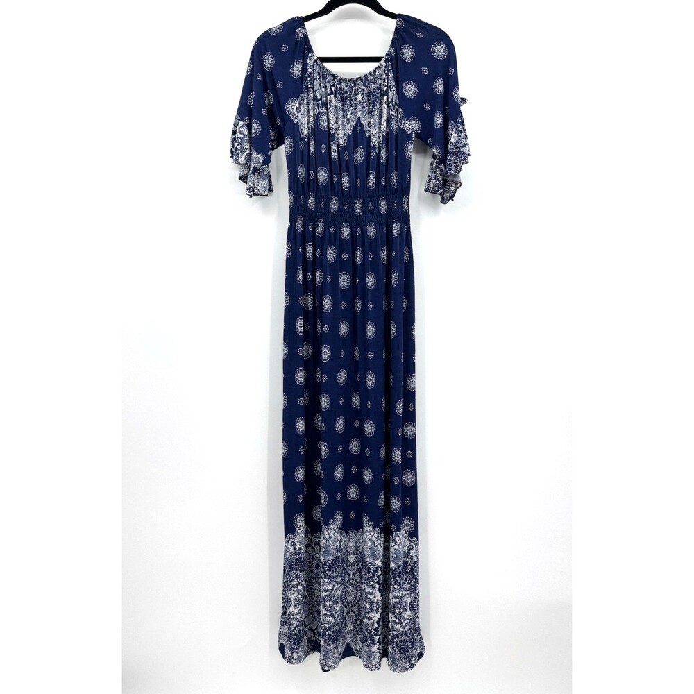 Woman Navy Blue White Paisley Maxi Dress Boho Medallion Bandanna Print Summer 1X - Picture 2 of 11